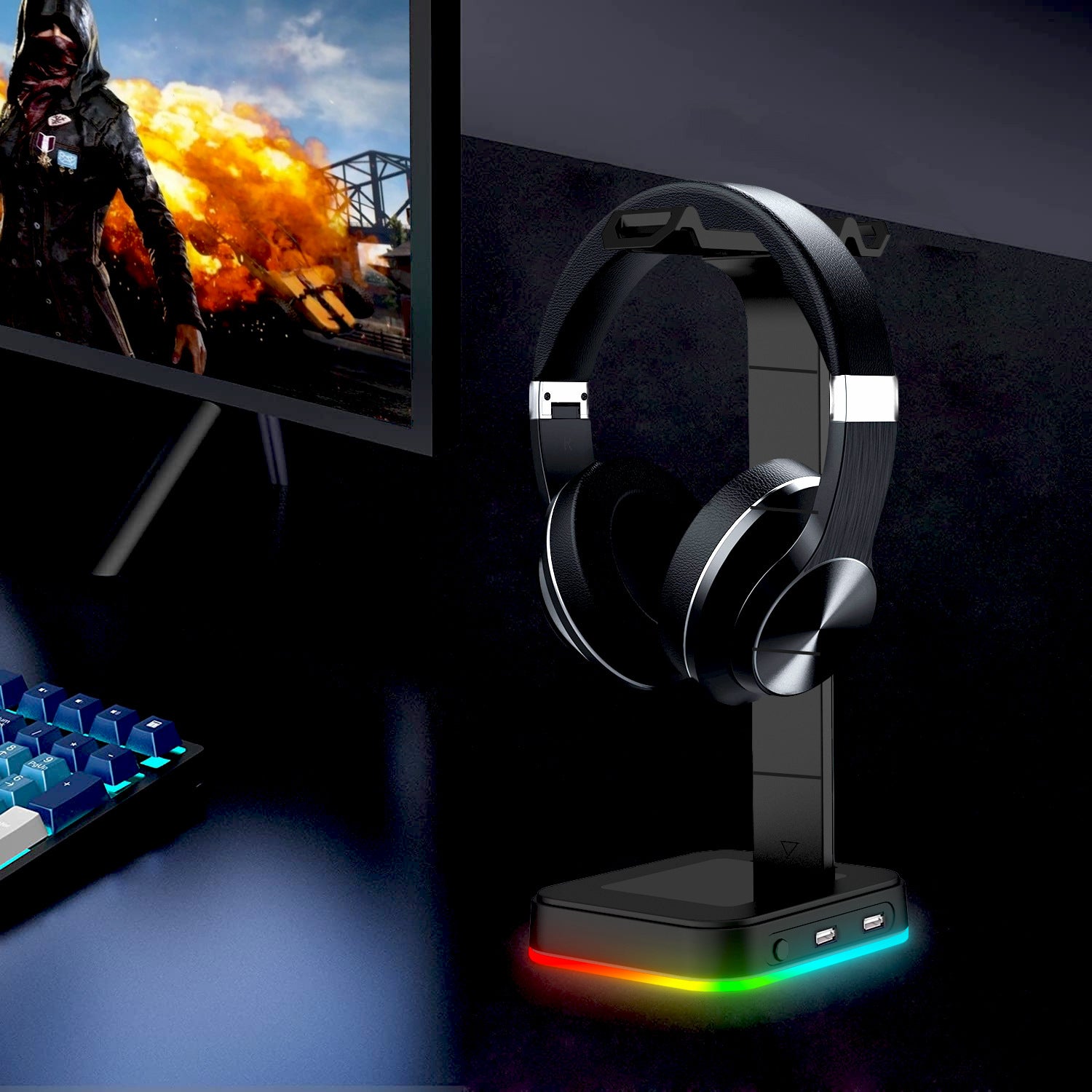 Gaming Headset Holder With 2 USB Charging Earphone Hanger